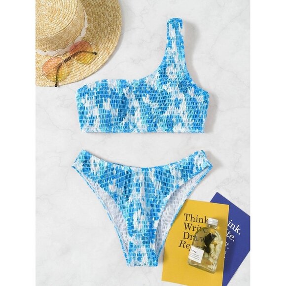 NEW SHEIN Floral Bikini Set Smocked One Shoulder Top & Hipster Bottom 2 Piece... - Picture 1 of 8